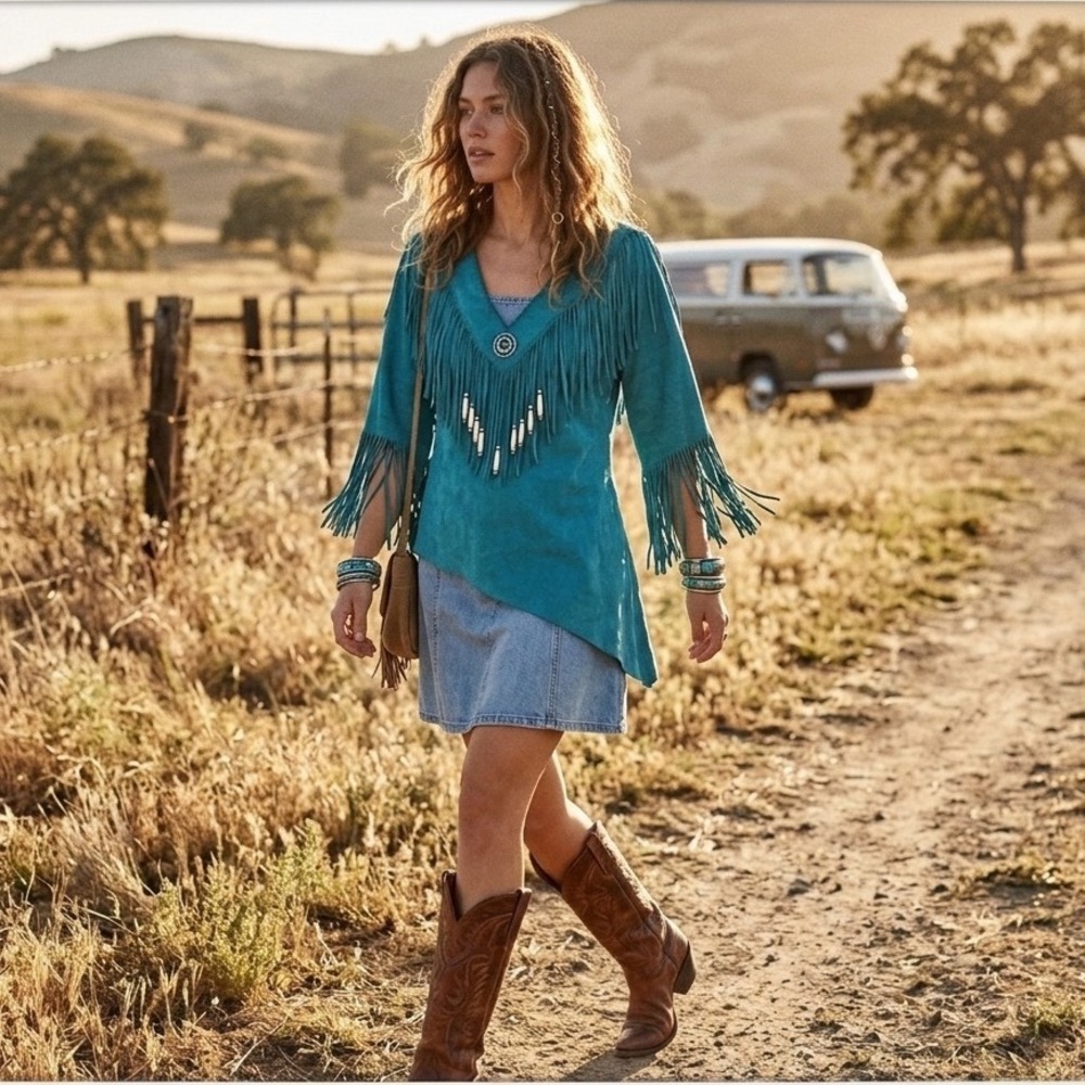 Vintage Ren Ellis Lamb Suede Fringe Western Boho Asymmetrical Tunic Top